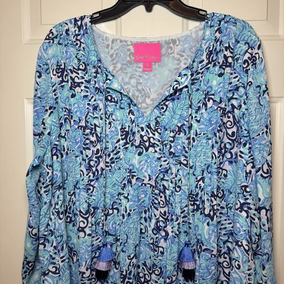 Lilly Pulitzer Marilina Tunic Dress Blue Light Aqua Shell Resortwear Beach XL - Picture 2 of 12